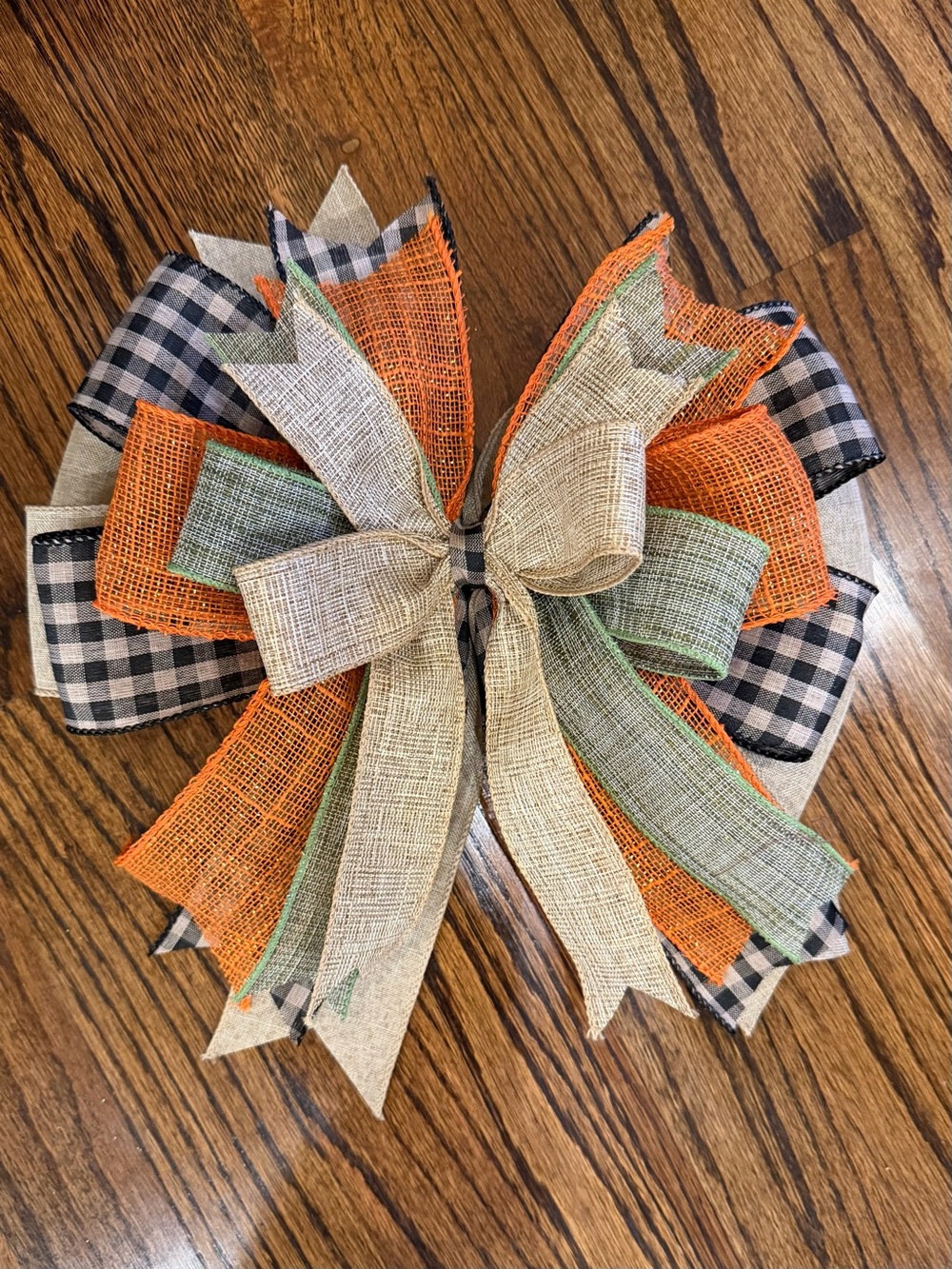Handmade Holiday Burlap Bow in Orange, Neutral & Black Gingham